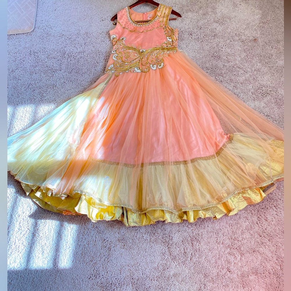 Small Peach golden beige Net multilayered dress wedding fairy Indian party Gown